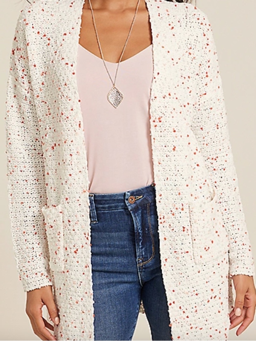 Maurices Pom Pom Pocket Cardigan White Pink Relaxed Open Front Medium Women’s